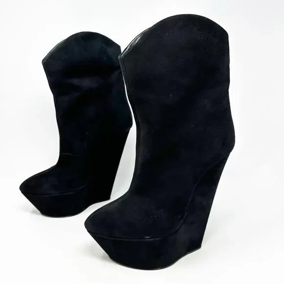 Giuseppe Zanotti Black Suede Platform Wedge Ankle Boots Womens Size EU 38.5 - Picture 1 of 11